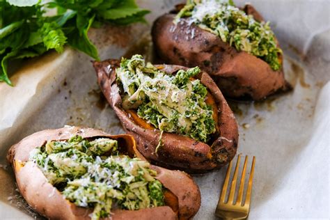 Chop beetroot in large cubes and lay out on baking tray. Pesto Chicken Stuffed Sweet Potatoes | Everyday Gourmet ...