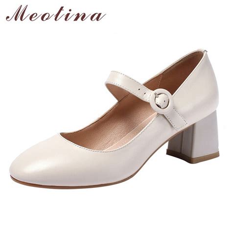 Meotina High Heels Women Mary Janes Shoes Natural Genuine Leather