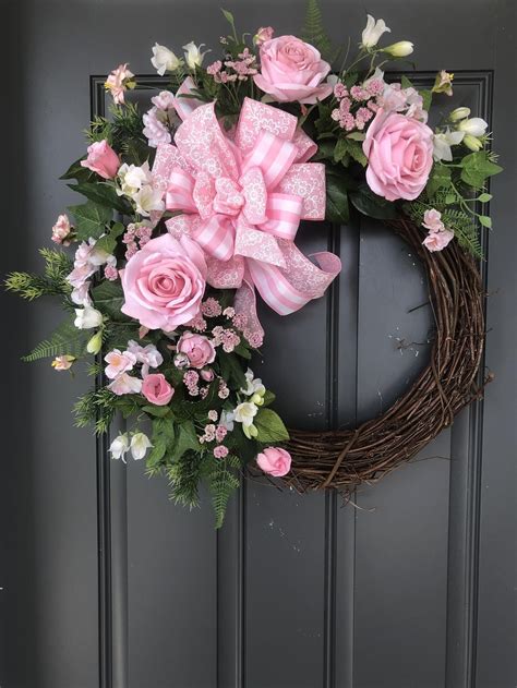 Spring Pink Roses Wreathsummer Wreatheveryday Wreath Etsy Easter