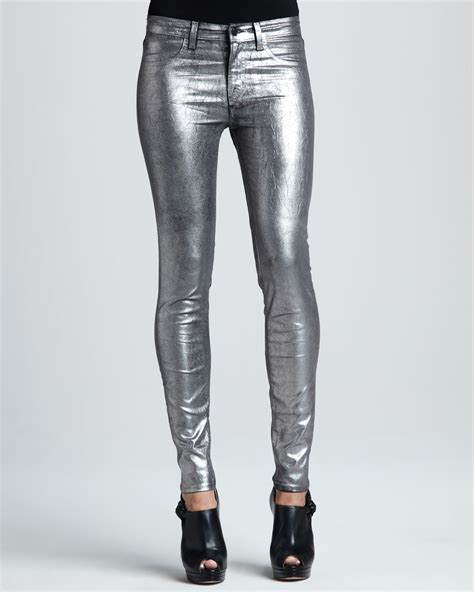 J Brand Jeans 801 Coated Metallic Silver Skinny Jeans