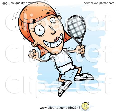 Clipart Of A Jumping Excited Caucasian Woman Tennis Player Royalty