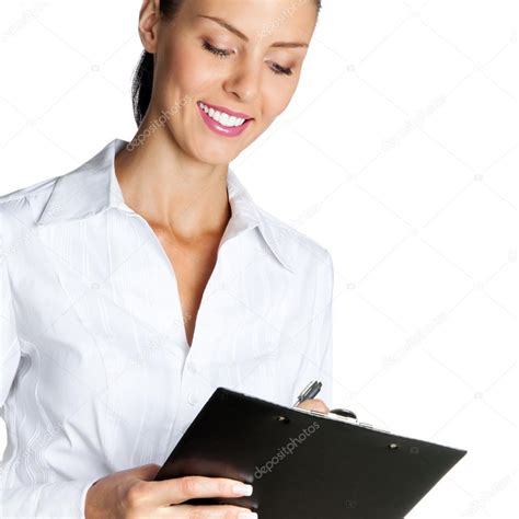 Cheerful Beautiful Business Woman With Clipboard Writing Isolat