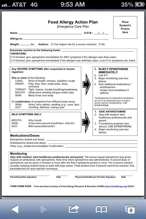 Food Allergy Action Plan Student Form For A School Nursefile Chest