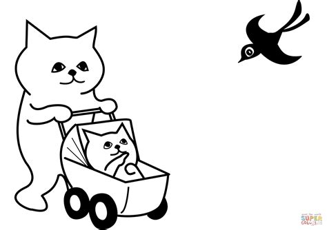 Top 15 kitten coloring pages for kids: Mother Cat with Kitten in Stroller coloring page | Free ...