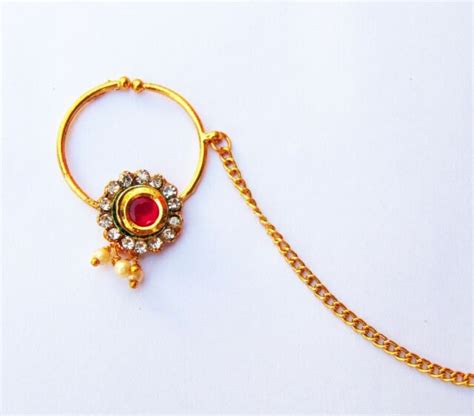 Indian Hoop Nose Ring Goldplated Chain Nath Wedding Nathni Body