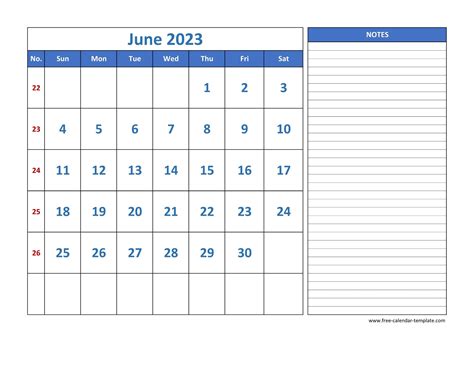 June Calendar 2023 Grid Lines For Holidays And Notes Horizontal