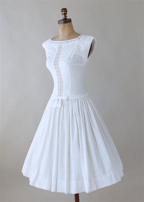 Vintage 1950s White Cotton And Lace Day Dress Raleigh Vintage