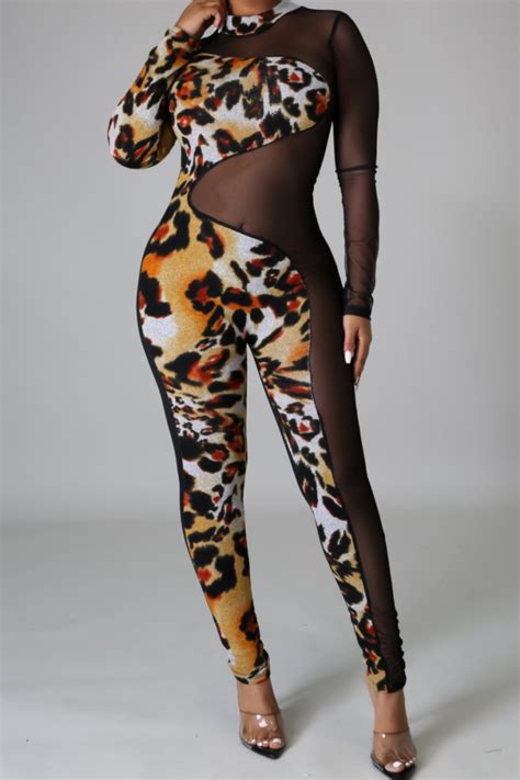 Wholesale New Leopard Print See Through Mesh Spliced Stretch Backless Sexy Tight Jumsuit A44724