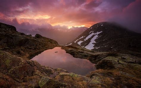 Nature Landscape Sunset Mountain Alps France Lake Clouds Mist Wallpaper