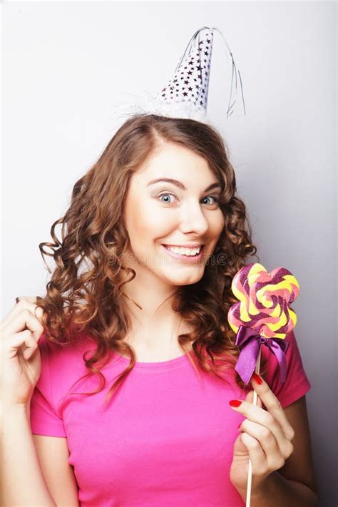 Beautiful Party Woman Model With Lollipop Stock Image Image Of