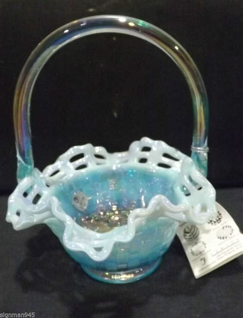 Blue Basket Weave Open Lace Rim Fenton Iridescent Carnival Basket 7 1 2 High Fenton Glassware