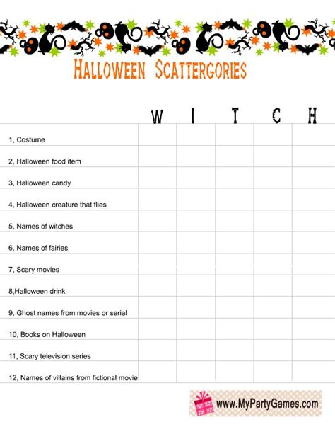 Free Printable Halloween Scattergories Worksheet Using The