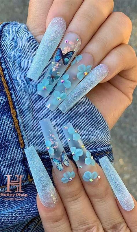 Blue Glitter On Coffin Nails Butterfly Nails Coffin Nails Acrylic