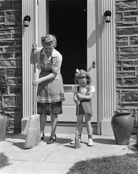 S Mother And Daughter Sweeping Vintage Housewife Vintage
