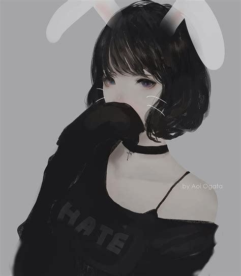 Black Hair Digital Art Bare Shoulders Collar Simple Background Aoi Ogata Hd Phone