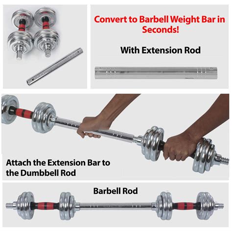 Fitsy Adjustable Chrome Plated Iron Dumbbell Set With Extension Barbell