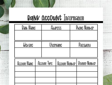 Bank Account Info Printable Bank Account Tracker Bank Etsy