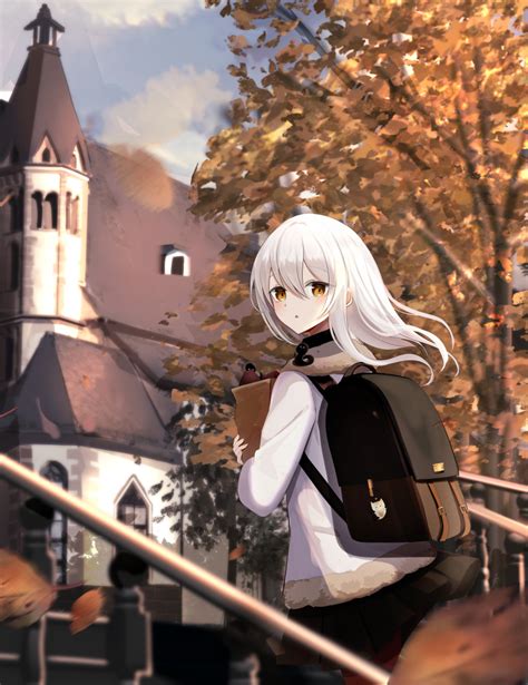 Safebooru 1girl Absurdres Autumn Autumn Leaves Backpack Bag Black Bag Black Skirt Blurry