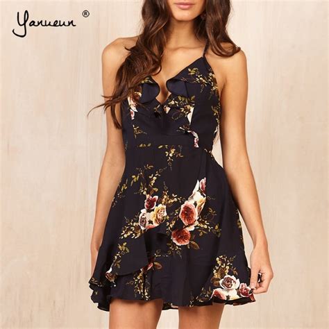 Yanueun 2018 Spaghetti Strap Floral Print Ruffles V Neck Sleeveless Mini Dress Women Summer Back