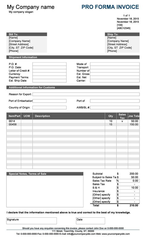 Proforma Invoice Template Printable Templates