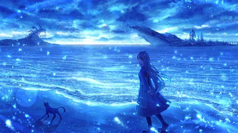 desktop wallpaper cute anime girl sea night fan art hd image picture background 2f3854