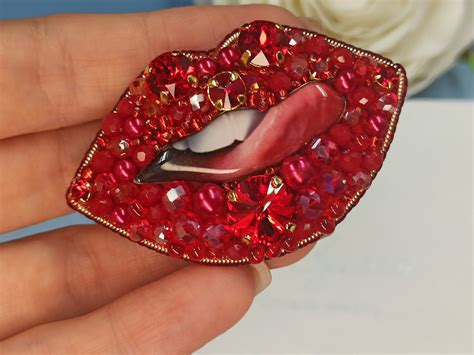 kiss brooch red lips beaded brooch embroidered mouth etsy