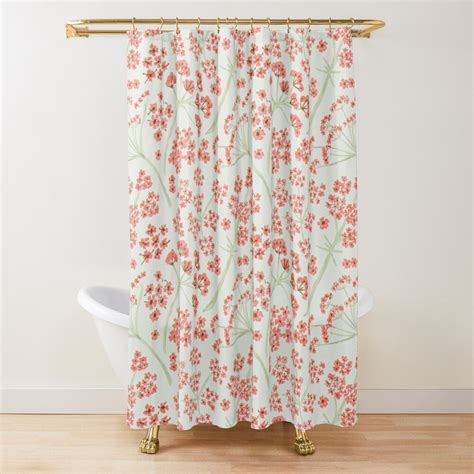 Coral Watercolor Stem Caraway Floral Pattern Shower Curtain By