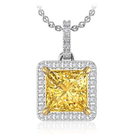 Princess Cut Yellow Diamond Halo Pendant Hermiadiamonds