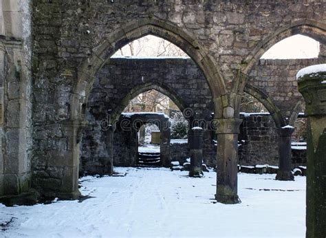 Medieval Ruined Church In Snow And Fog Stock Photo Image Of Graveyard