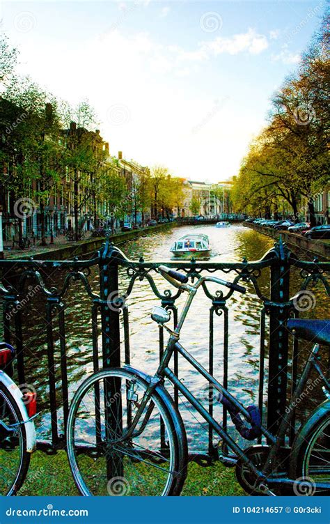 Amsterdam Bike Against A Bridge Nightfall Sunset Stock Image Image