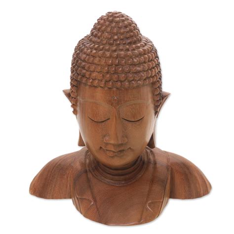 Unicef Market Hand Carved Suar Wood Buddhas Head Statuette From Bali