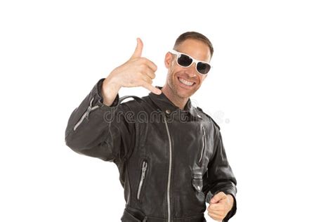 Happy Cool Guy With Leather Jacket An Sunglasses Stock Image Image Of