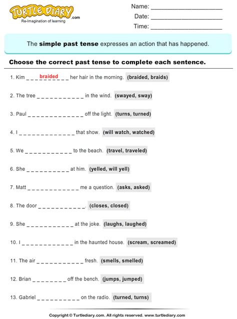 Choose The Correct Past Tense To Complete The Sentence Worksheet