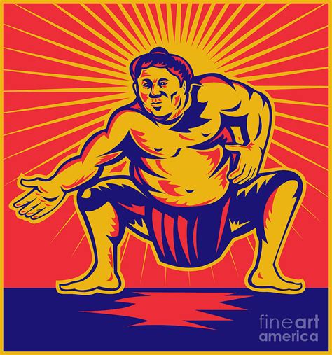 Sumo Wrestler Crouching Retro Woodcut Digital Art By Aloysius