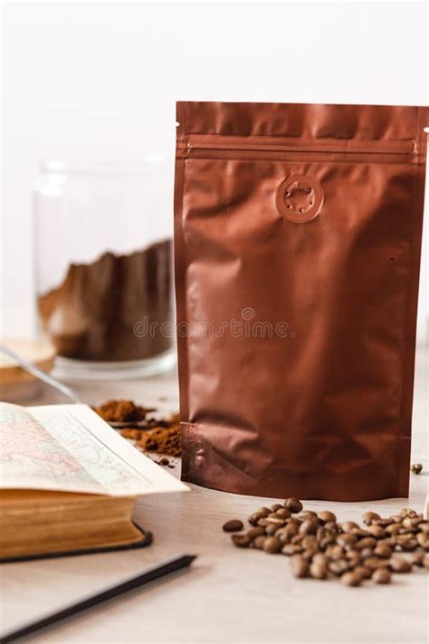 Blank Coffee Packaging With Coffee Seeds Book And Glass Jar With