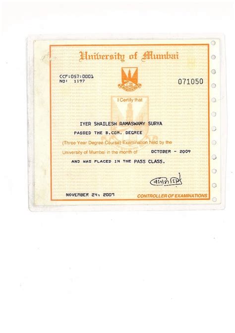 Bcom Mumbai University Degree Certificate Certificate Border