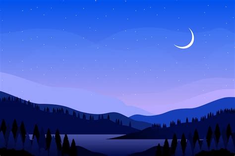 Premium Vector Blue Night Sky With Mountain Landscape Illustration