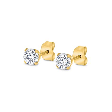14k Solid Yellow Gold Stud Earrings Set With Zircon White Etsy