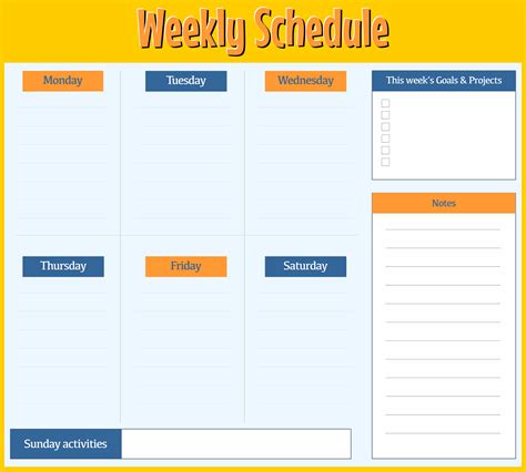A Yellow And Blue Weekly Calendar With The Words Week Schedule On It