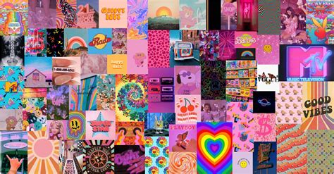 Retro Rainbow Vibes Aesthetic Wall Collage Kit Digital Etsy Hippie