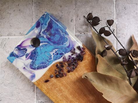 Resin Cutting Board With Acrylic Artwork And Amethyst Stones
