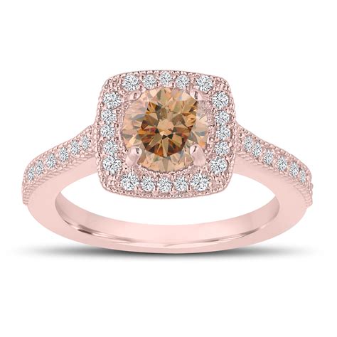 A polished floral lotus pattern is accentuated by a stippled matte background outlined by fine milgrain borders. 1.29 Carat Champagne Brown Diamond Engagement Ring, Wedding Ring 14K Rose Gold Halo Pave ...