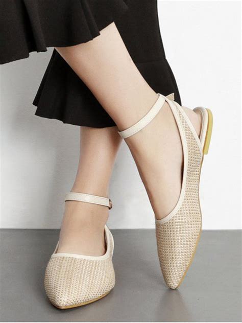 Slingback Straw Ankle Strap Flat Shoes Apricot Ankle Strap Flats