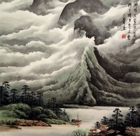 Boats And Clouds Greet The Mountians Chinese Landscape Painting