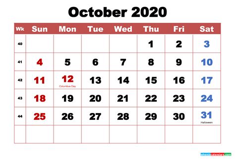 Printable October 2020 Calendar With Holidays Word Pdf