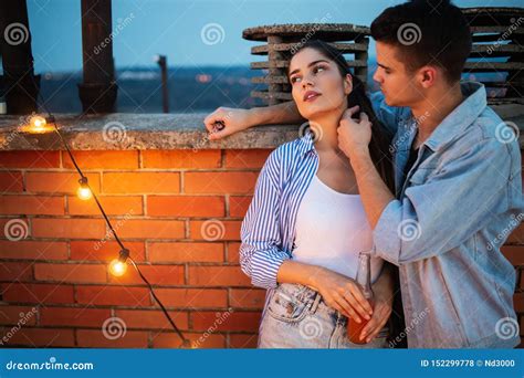 Sentimental Happy Couple In Love Bonding Outdoor Stock Photo Image Of
