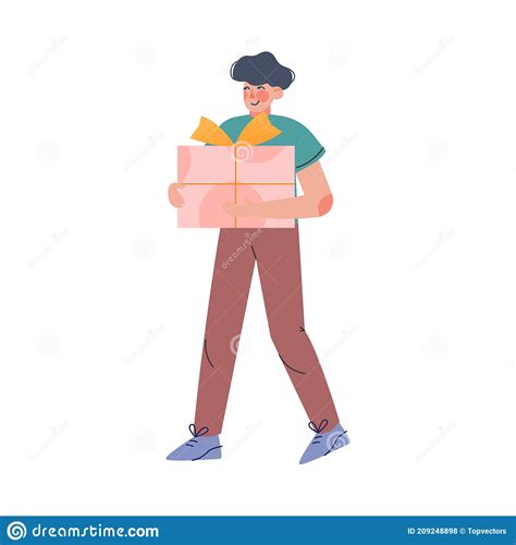 Cheerful Teenage Boy Carrying Present Boxes Happy Person Celebrating