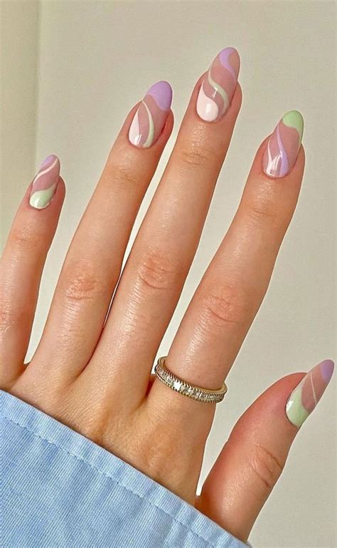 Cute Spring Nail Art Designs Pastel Swirl Oval Nails