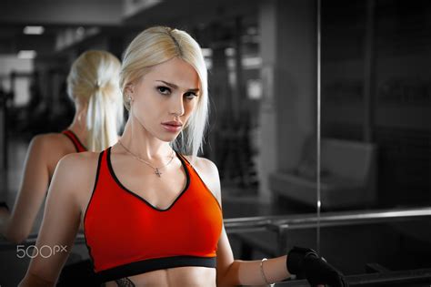 Women Blonde Fitness Model Mirror Reflection Gloves Portrait Tattoo Necklace Sportswear