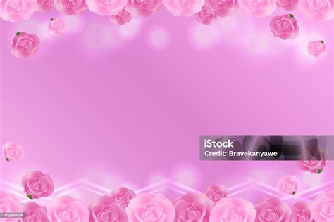 Pink Roses Border On Pink Background With Space For Text Stock